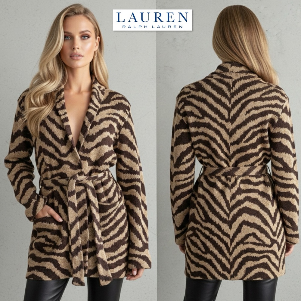 Lauren Ralph Lauren Zebra Print Linen Cotton Belt Cardigan Hand Knit Coatigan M - Picture 2 of 16
